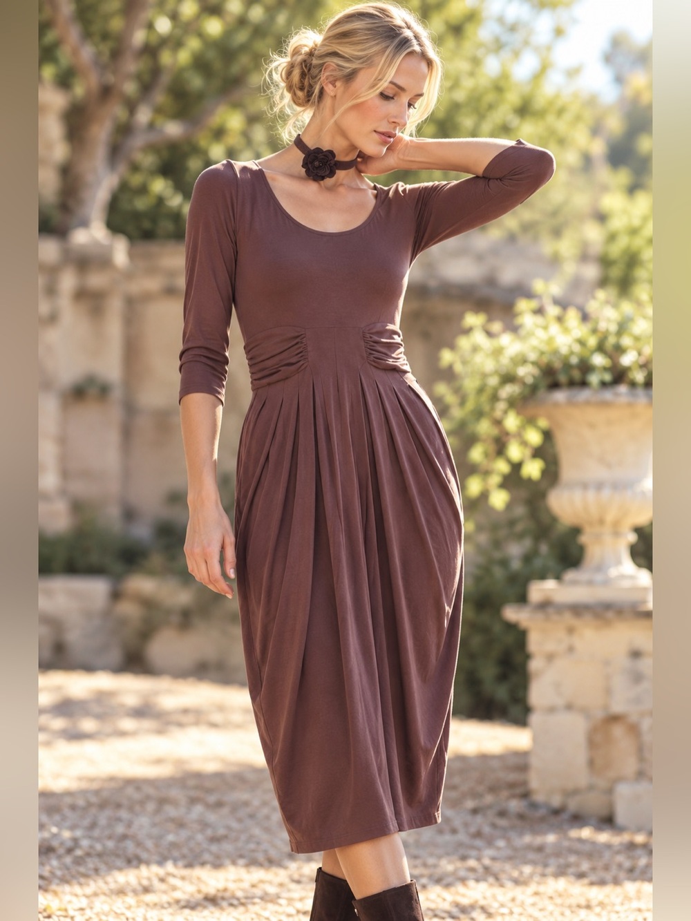 Peruvian Connection Brown Pima Cotton Modal Draped Midi Dress M Boho Cottage